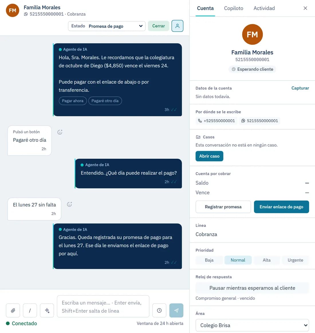 Expediente de una cuenta en cobranza con su estado y sus datos