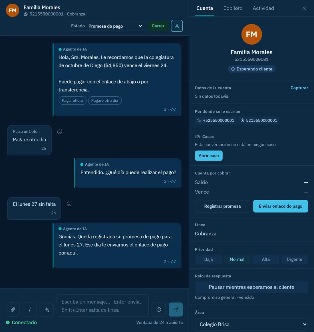 Expediente de una cuenta en cobranza con su estado y sus datos