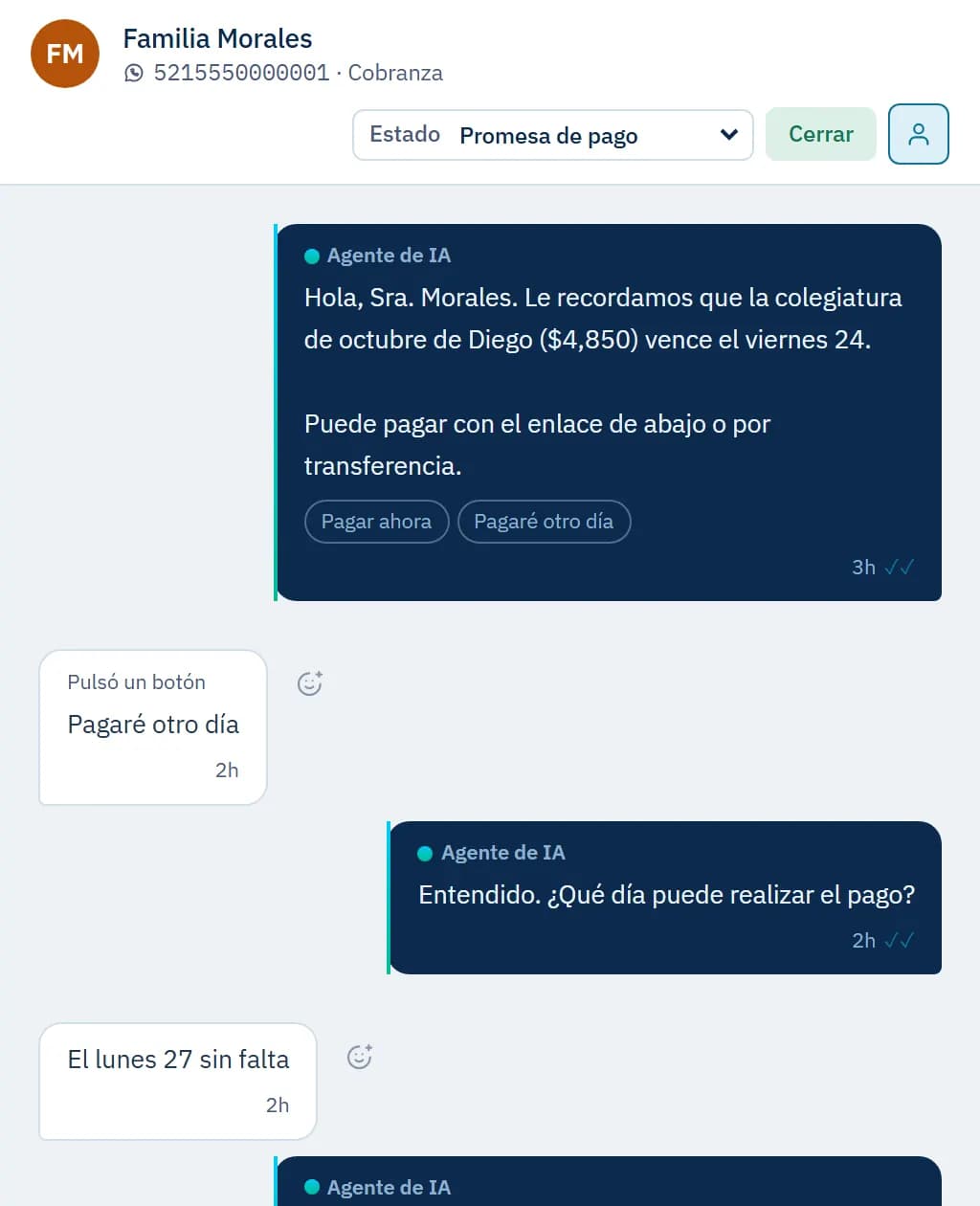 Recordatorio de pago enviado por WhatsApp y la respuesta del cliente