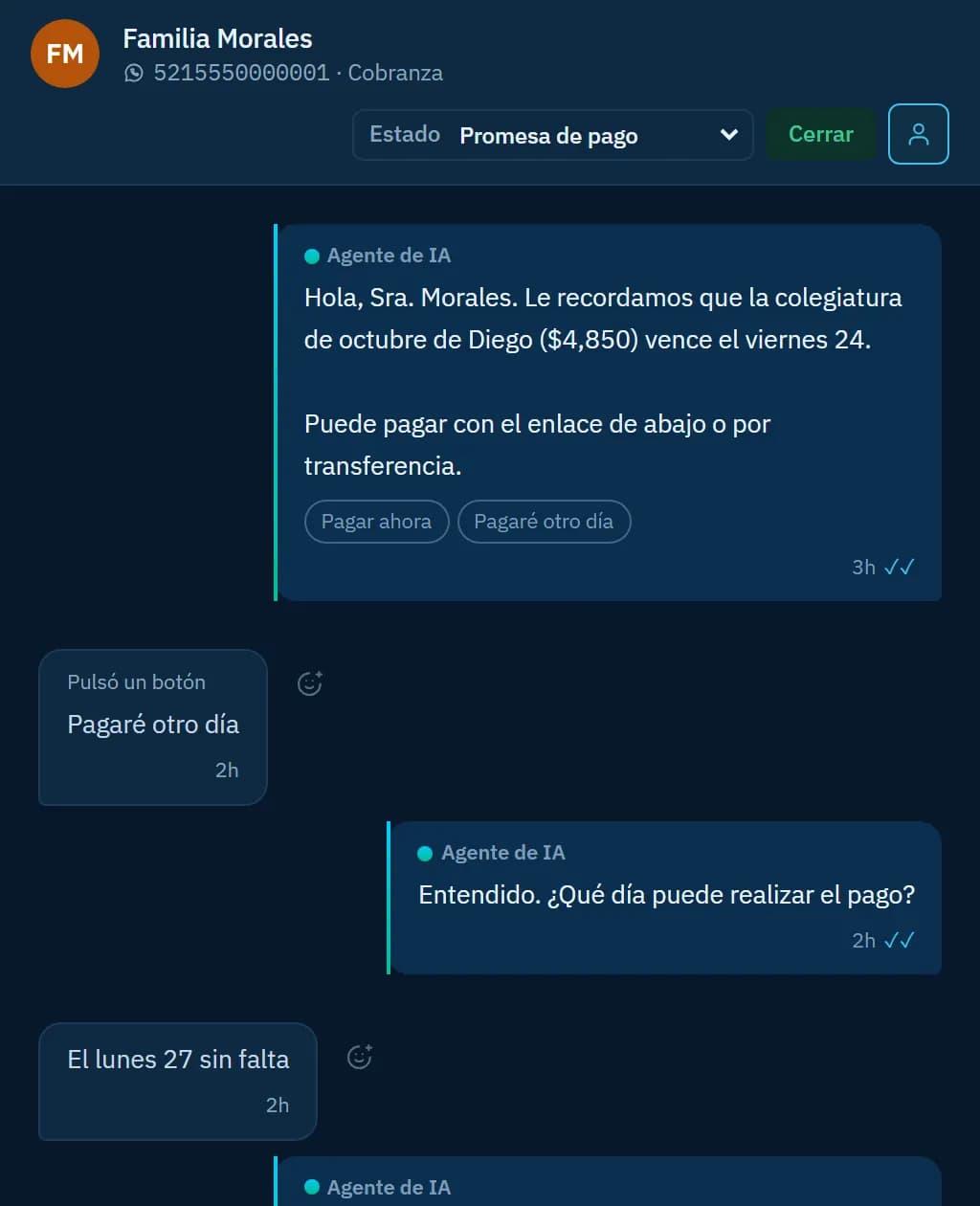 Recordatorio de pago enviado por WhatsApp y la respuesta del cliente