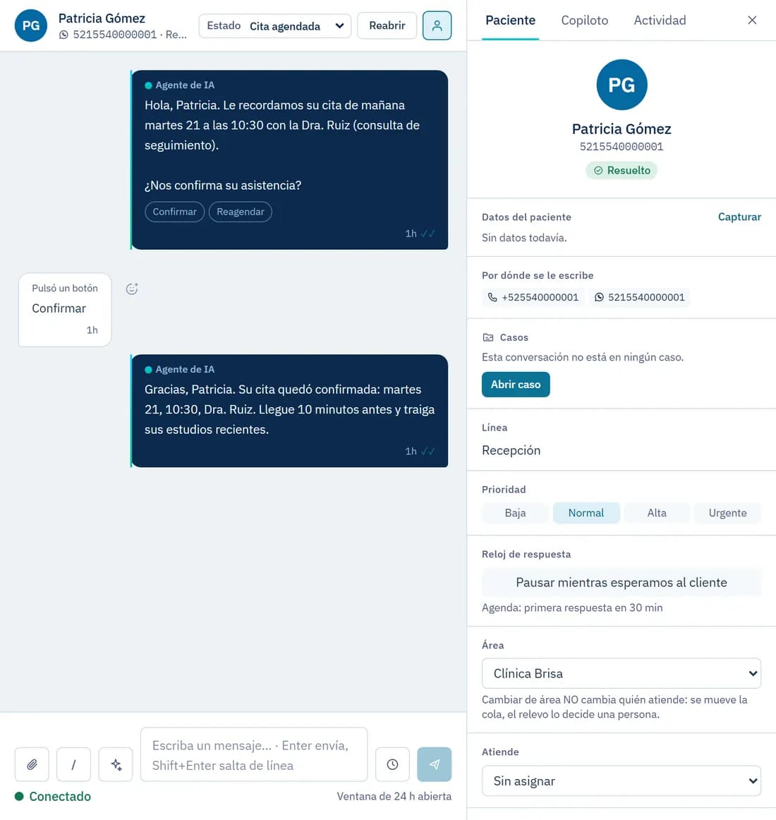 Recordatorio de cita por WhatsApp con botones Confirmar y Reagendar, y la respuesta del paciente