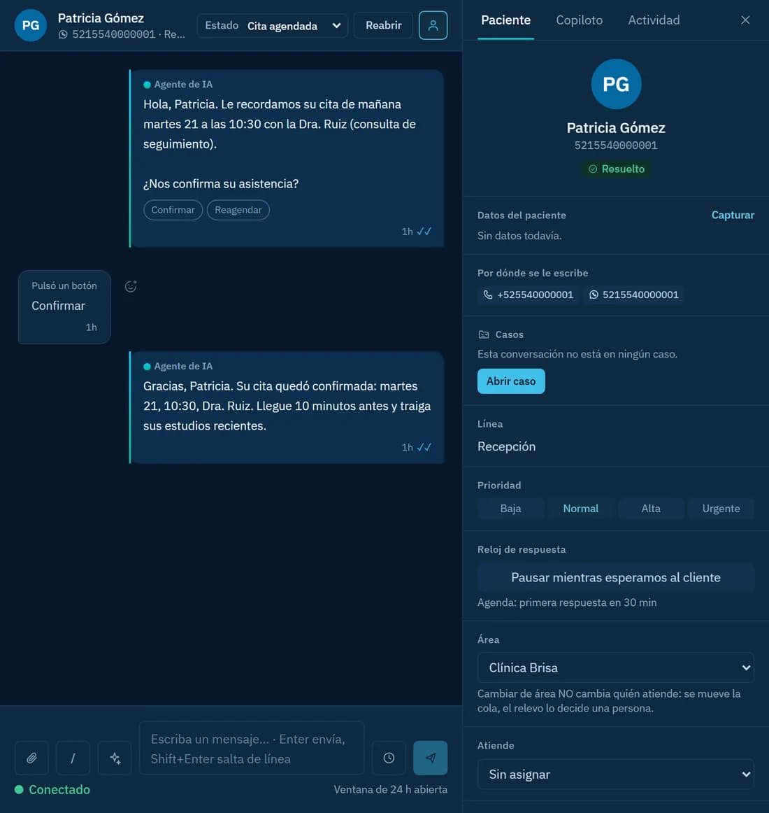 Recordatorio de cita por WhatsApp con botones Confirmar y Reagendar, y la respuesta del paciente