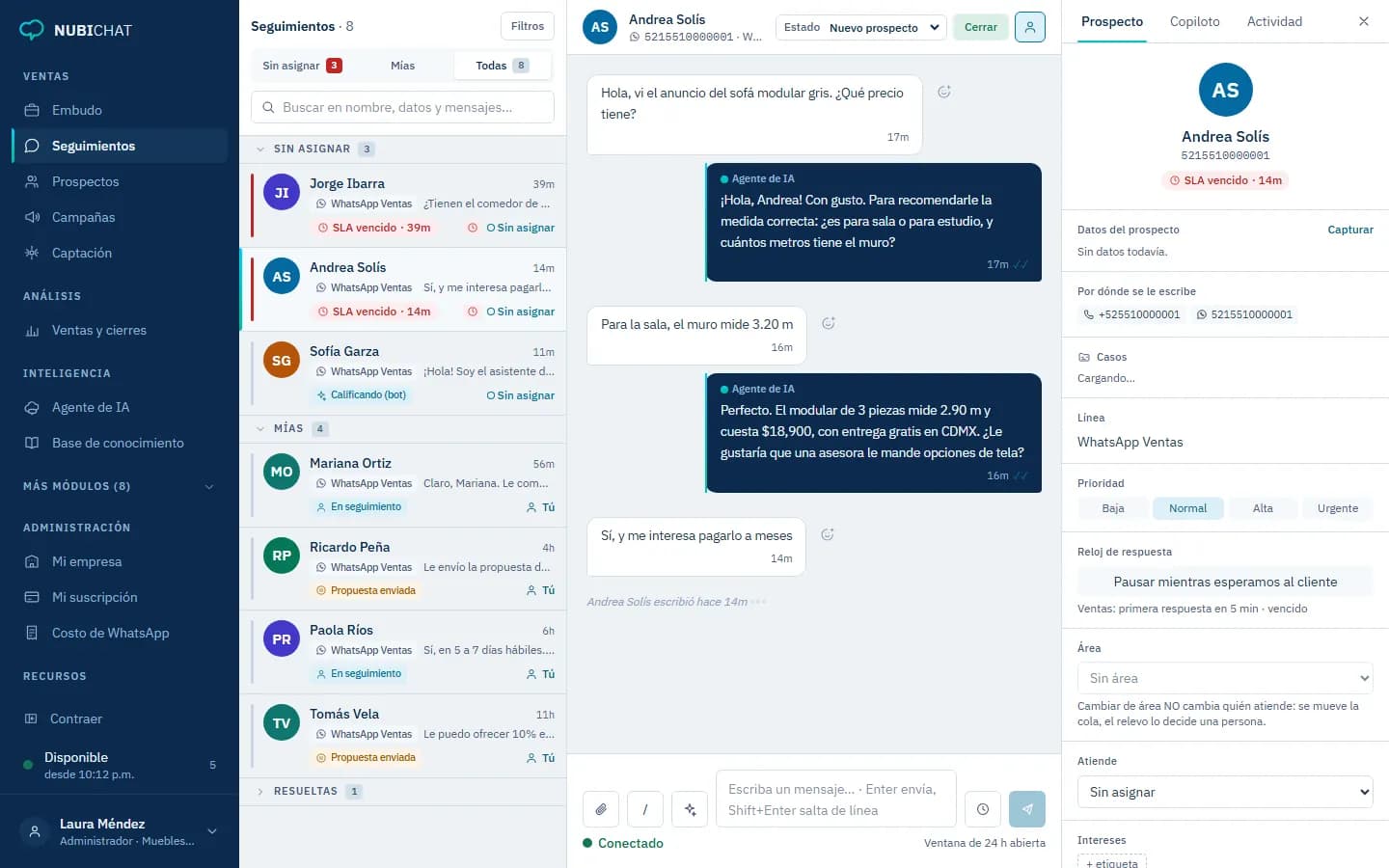 La bandeja de Seguimientos de un equipo de ventas, con el tiempo de respuesta de cada prospecto