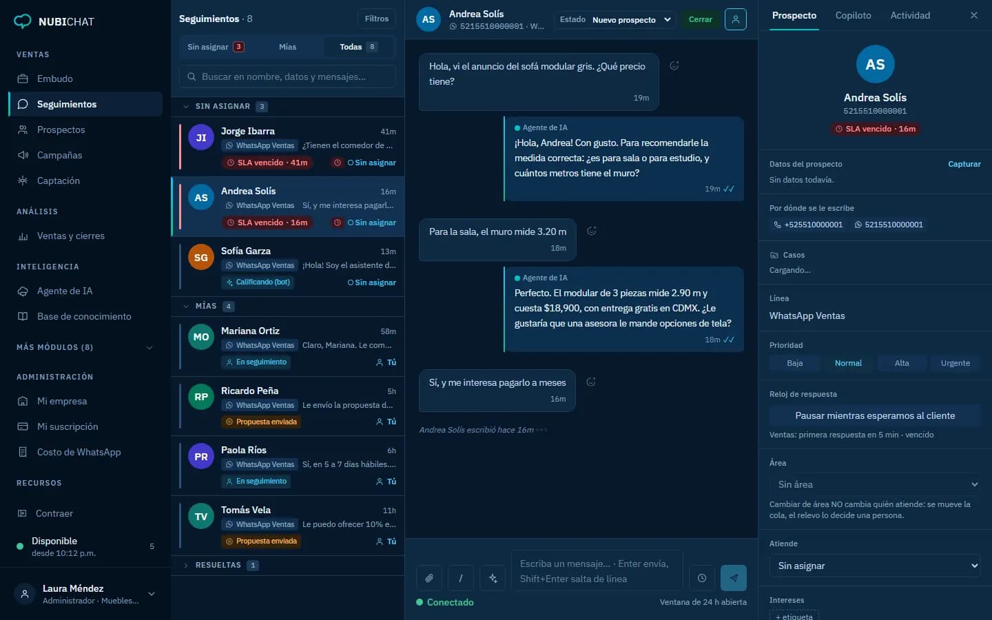 La bandeja de Seguimientos de un equipo de ventas, con el tiempo de respuesta de cada prospecto
