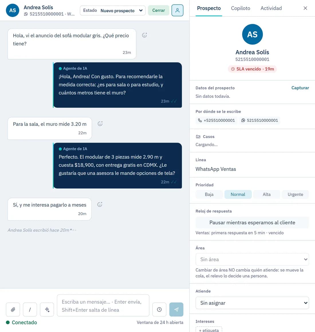 Conversación en la que el agente de IA califica a un prospecto antes de pasarlo al vendedor