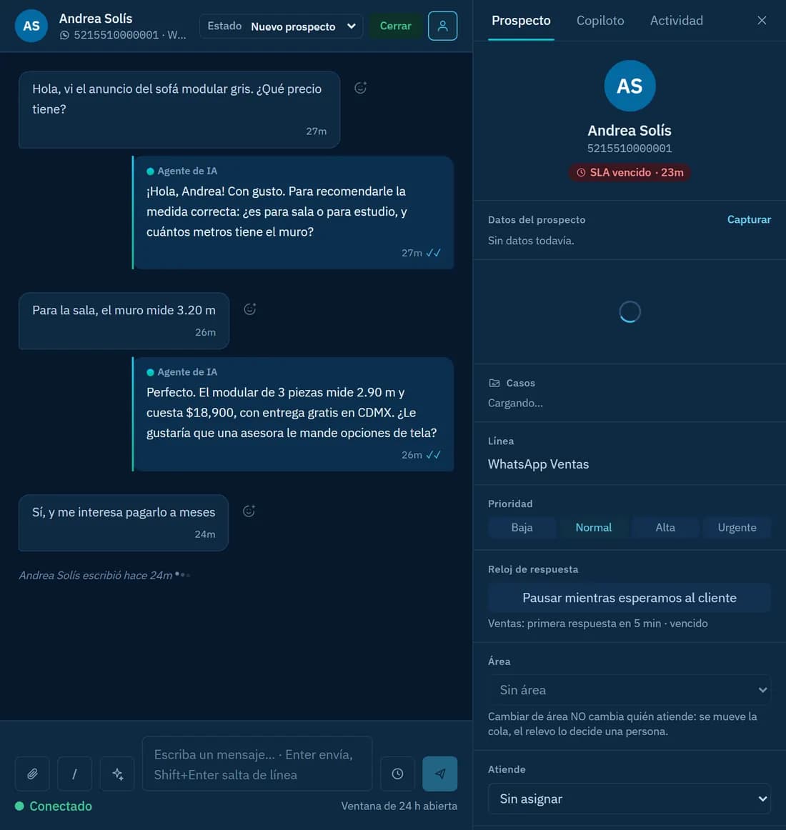 Conversación en la que el agente de IA califica a un prospecto antes de pasarlo al vendedor