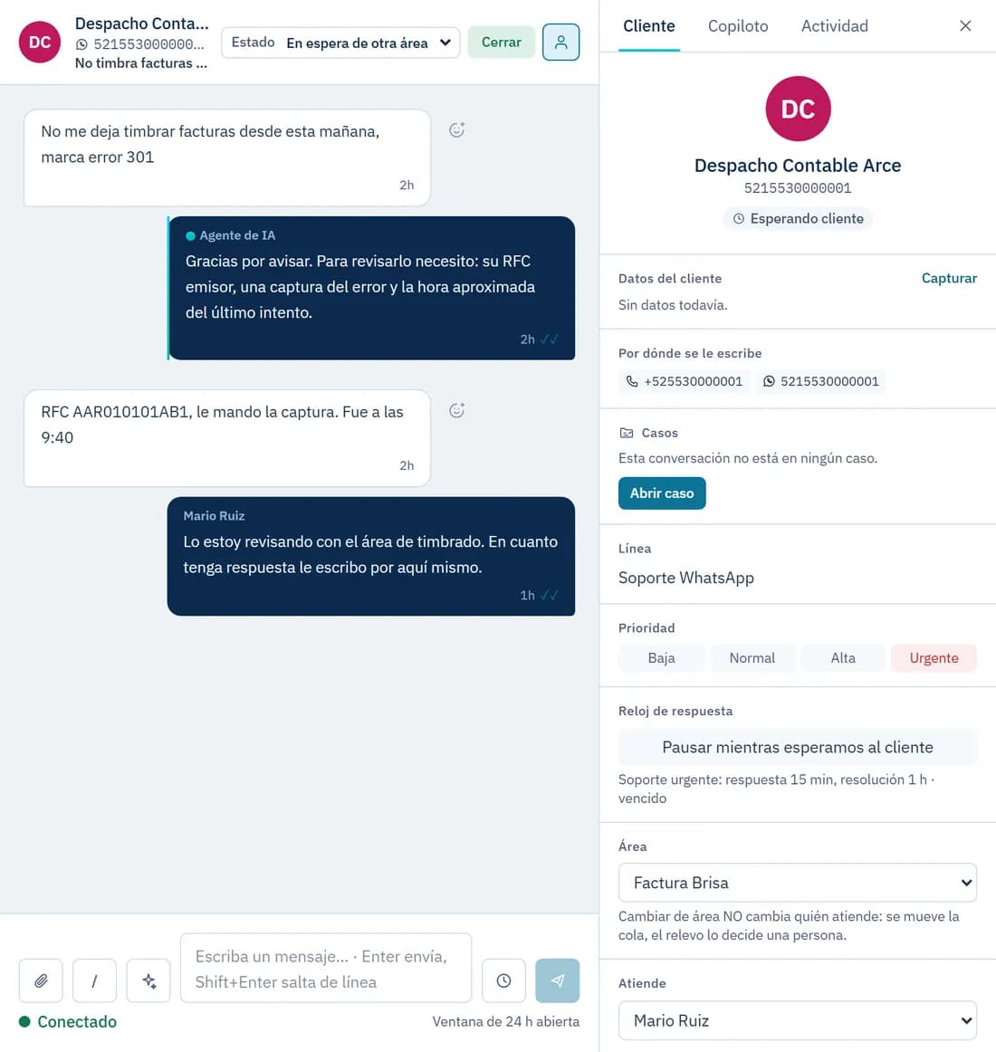 Expediente de un caso con su prioridad y el reloj de respuesta