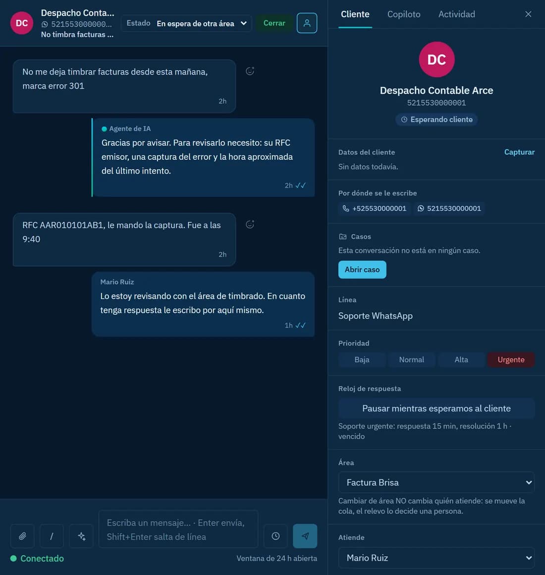 Expediente de un caso con su prioridad y el reloj de respuesta